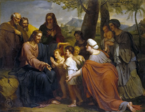 This picture portrays the scene when Our Lord says to suffer the children to come to Him.